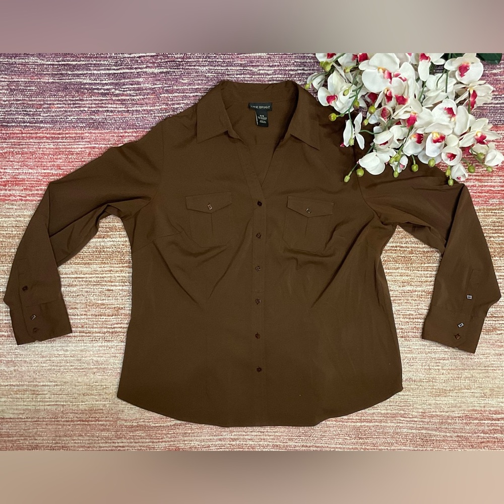 Lane Bryant Brown Long-Sleeved Button-Down Dress Shirt Size 14/16